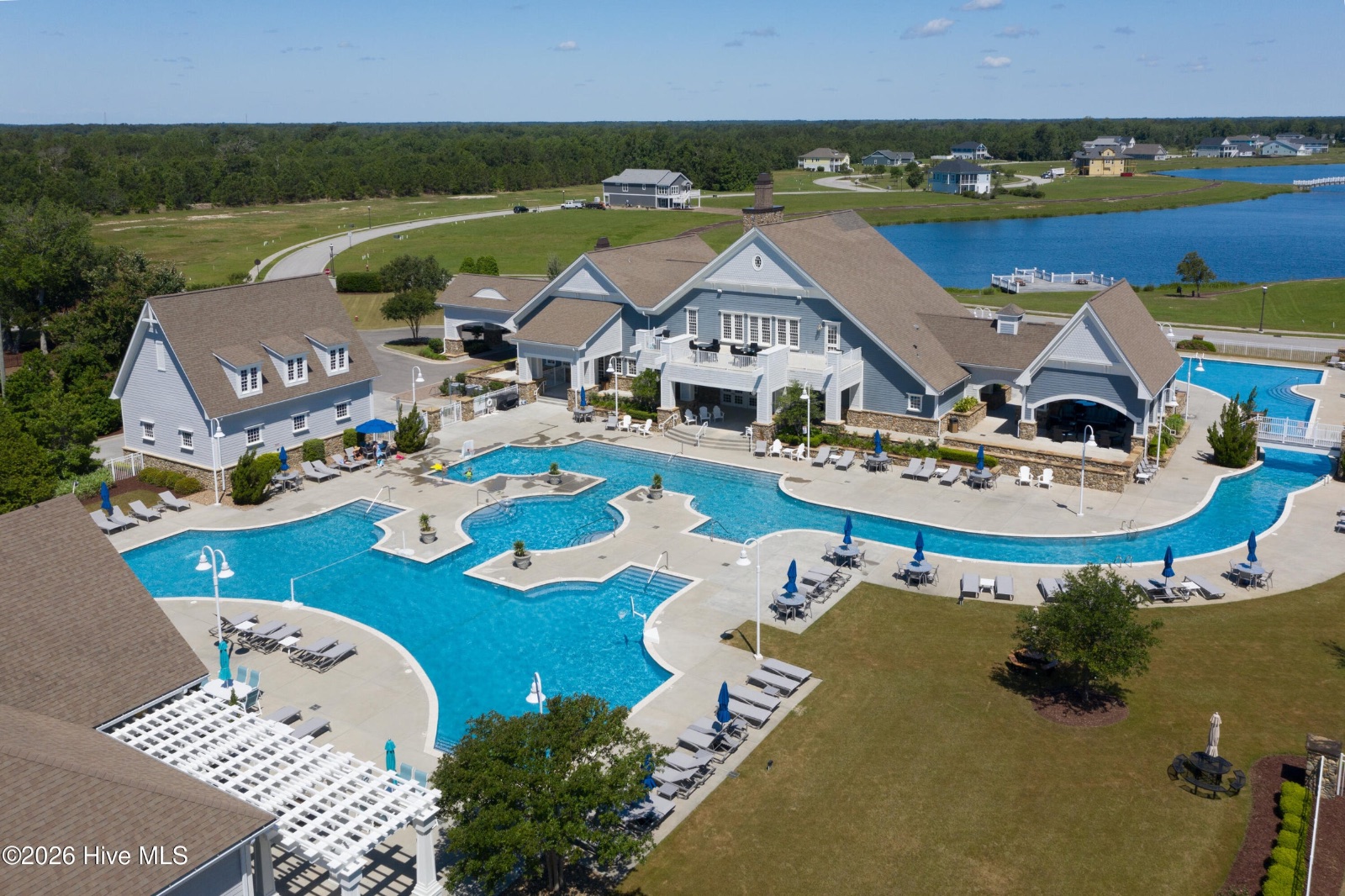Aerial view of the Summerhouse clubhouse and pools
