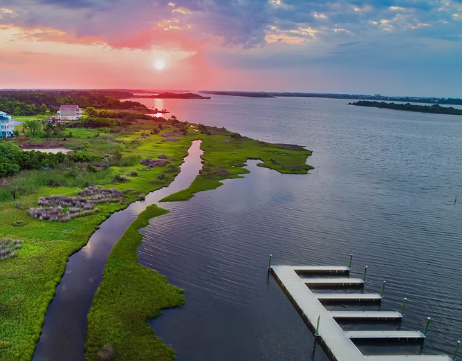 Sunset over Everett Bay with the community day docks